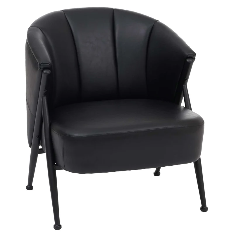 Fauteuil lounge club style vintage industriel coutures décoratives métal et simili cuir noir 04_0008991