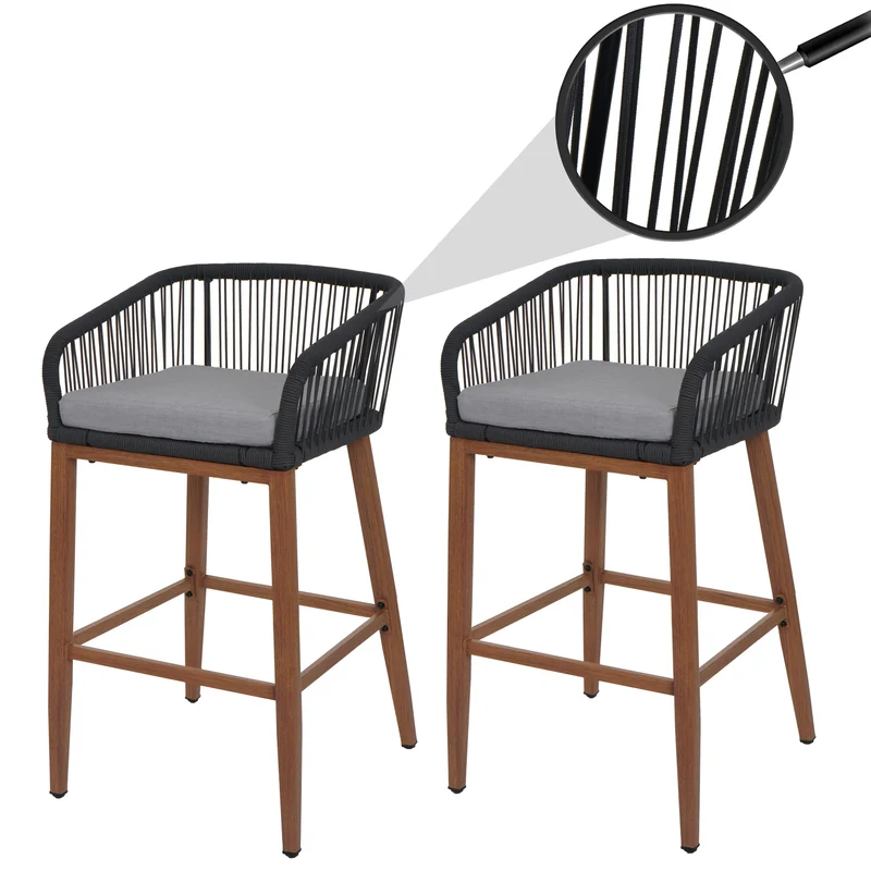 Lot de 2 tabourets de bar intérieur ou extérieur avec tressage en corde anthracite structure en métal aspect bois coussins gris clair 04_0009607