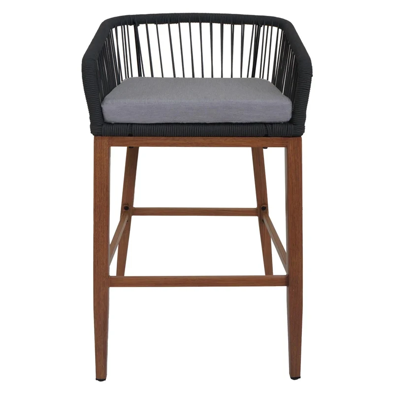 Lot de 2 tabourets de bar intérieur ou extérieur avec tressage en corde anthracite structure en métal aspect bois coussins gris clair 04_0009607