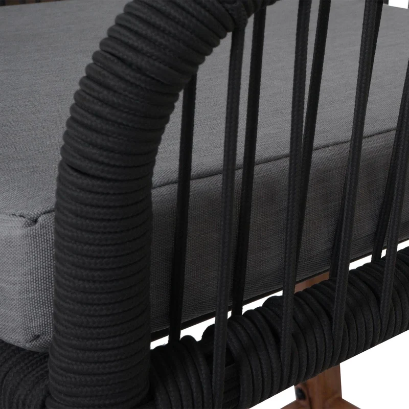 Lot de 2 tabourets de bar intérieur ou extérieur avec tressage en corde anthracite structure en métal aspect bois coussins gris clair 04_0009607