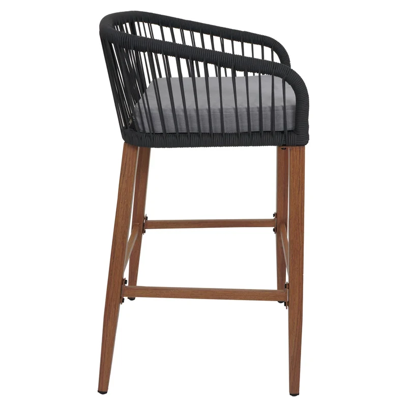 Lot de 2 tabourets de bar intérieur ou extérieur avec tressage en corde anthracite structure en métal aspect bois coussins gris clair 04_0009607