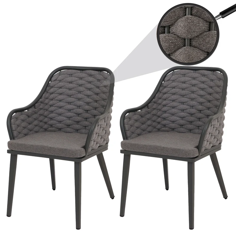 Lot de 2 chaises de jardin avec tressage épais et coussins gris style moderne en aluminium anthracite 04_0009595