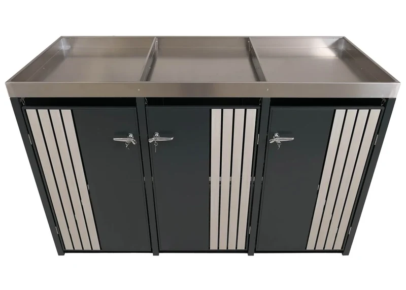 Cache-poubelles pour 3 bacs abri pour poubelles en métal avec bac à plantes 125x196x84 cm, env. 75 kg anthracite aspect bois clair 04_0009318