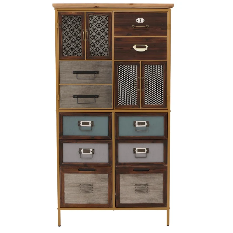 Commode style apothicaire buffet avec 6 tiroirs et 2 portes meuble vintage shabby chic 136x73x35 cm MDF bleu aspect métal 04_0009138