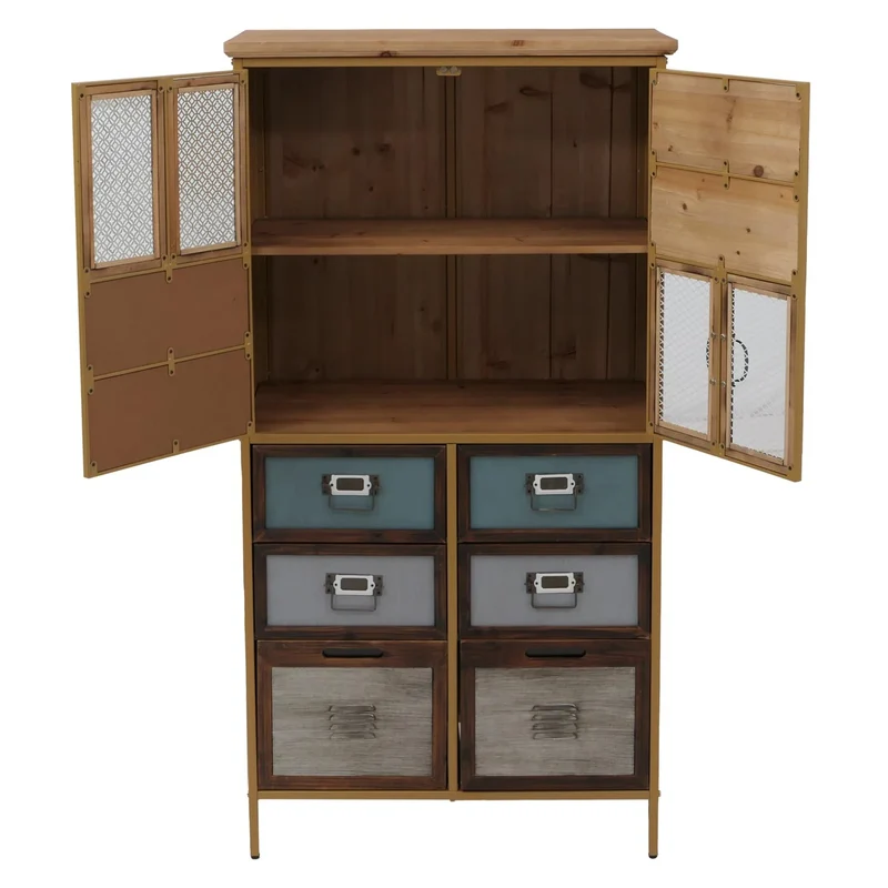 Commode style apothicaire buffet avec 6 tiroirs et 2 portes meuble vintage shabby chic 136x73x35 cm MDF bleu aspect métal 04_0009138