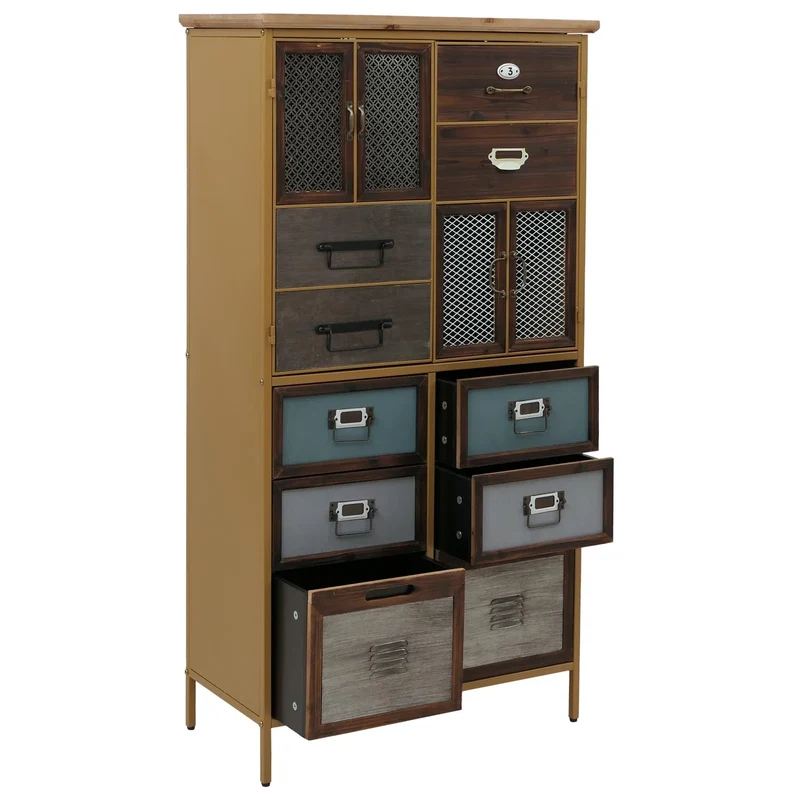 Commode style apothicaire buffet avec 6 tiroirs et 2 portes meuble vintage shabby chic 136x73x35 cm MDF bleu aspect métal 04_0009138