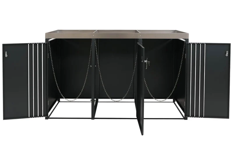 Cache-poubelles pour 3 bacs abri pour poubelles en métal avec bac à plantes 125x196x84 cm anthracite aspect bois foncé 04_0009317