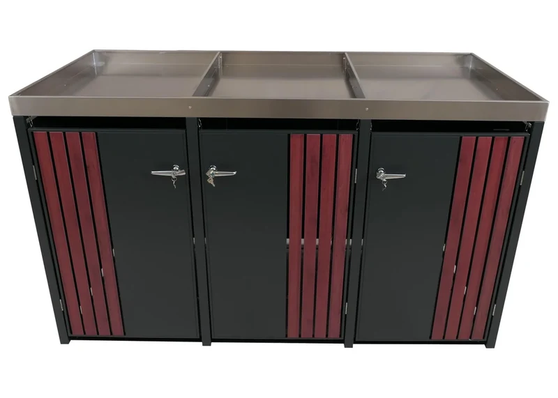 Cache-poubelles pour 3 bacs abri pour poubelles en métal avec bac à plantes 125x196x84 cm anthracite aspect bois foncé 04_0009317