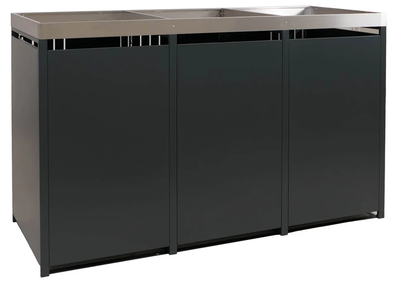 Cache-poubelles pour 3 bacs abri pour poubelles en métal avec bac à plantes 125x196x84 cm anthracite aspect bois foncé 04_0009317