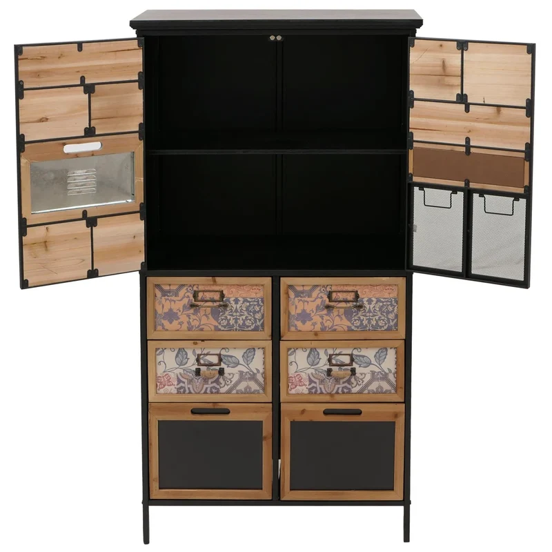 Commode meuble buffet style apothicaire avec tiroirs et compartiments design vintage shabby 136x73x35 cm naturel / bleu / blanc 04_0009142