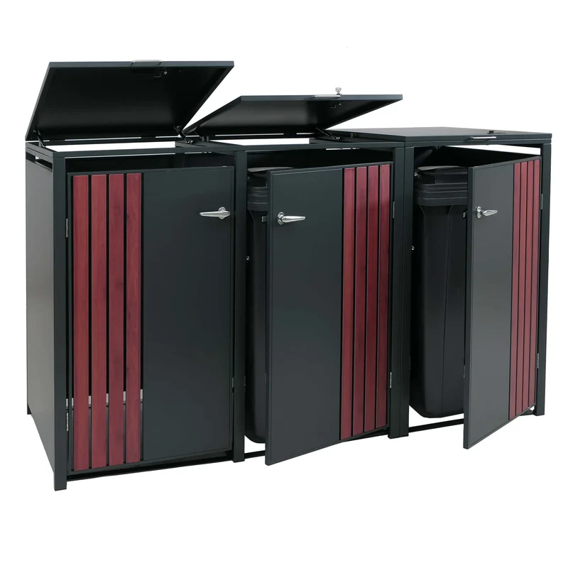 Cache-poubelles pour 3 bacs avec couvercle abri pour poubelles en métal avec ouverture par le haut 122x200x84 cm anthracite aspect bois foncé 04_0009346