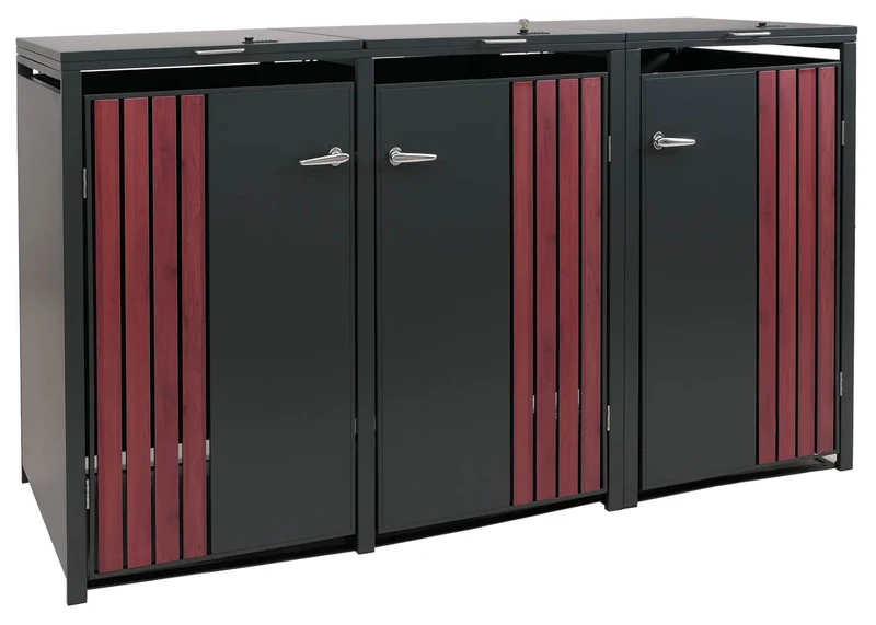 Cache-poubelles pour 3 bacs avec couvercle abri pour poubelles en métal avec ouverture par le haut 122x200x84 cm anthracite aspect bois foncé 04_0009346