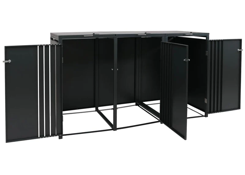 Cache-poubelles pour 3 bacs avec couvercle abri pour poubelles en métal avec ouverture par le haut 122x200x84 cm anthracite aspect bois foncé 04_0009346