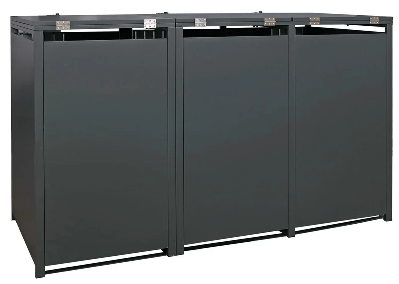 Cache-poubelles pour 3 bacs avec couvercle abri pour poubelles en métal avec ouverture par le haut 122x200x84 cm anthracite aspect bois foncé 04_0009346