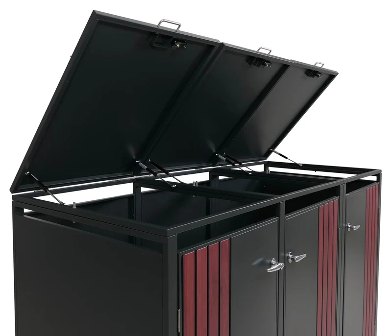 Cache-poubelles pour 3 bacs avec couvercle abri pour poubelles en métal avec ouverture par le haut 122x200x84 cm anthracite aspect bois foncé 04_0009346