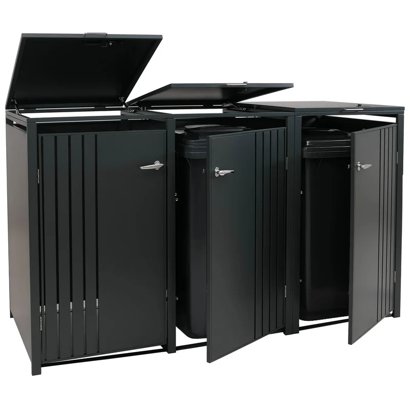 Cache-poubelles pour 3 bacs avec couvercle abri pour poubelles en métal avec ouverture par le haut 122x200x84 cm anthracite 04_0009348