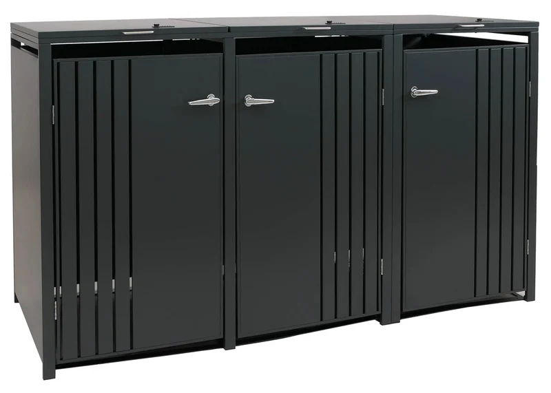 Cache-poubelles pour 3 bacs avec couvercle abri pour poubelles en métal avec ouverture par le haut 122x200x84 cm anthracite 04_0009348
