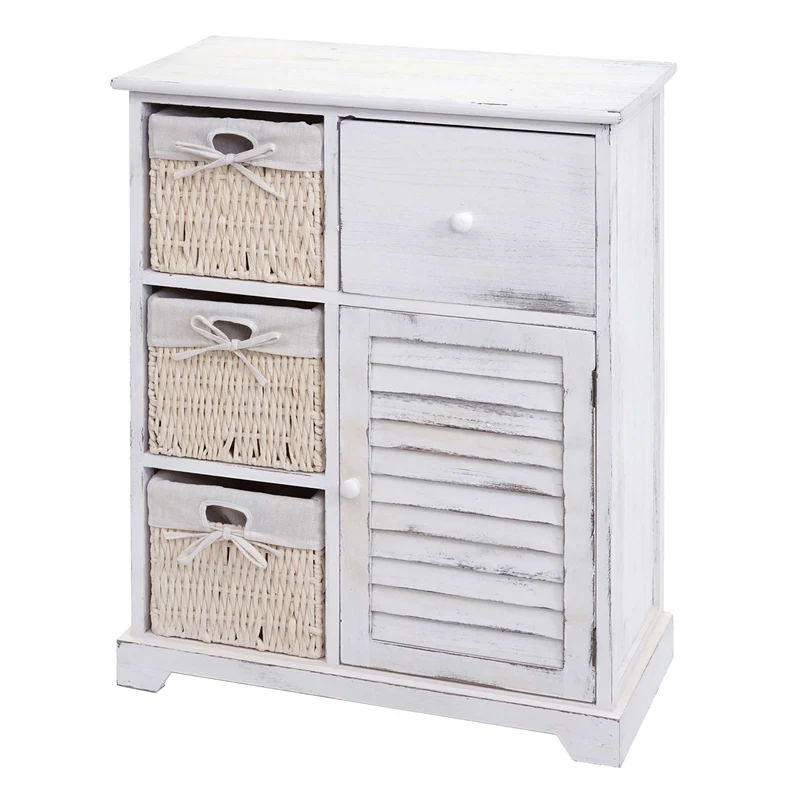 Commode meuble de rangement avec tiroirs et paniers en bois massif blanc vieilli style shabby chic 80x60x30 cm 04_0010823