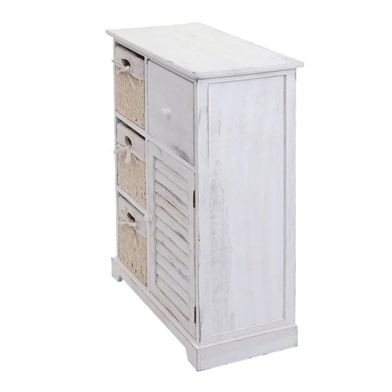 Commode meuble de rangement avec tiroirs et paniers en bois massif blanc vieilli style shabby chic 80x60x30 cm 04_0010823