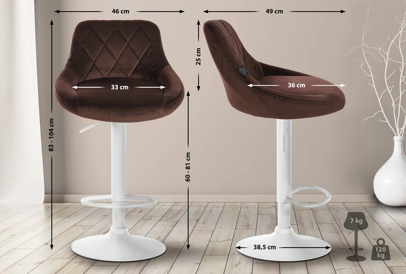 Lot de 2 tabourets de bar pivotant hauteur réglable en velours marron surpiqûres décoratives cadre en métal blanc 10_0006772