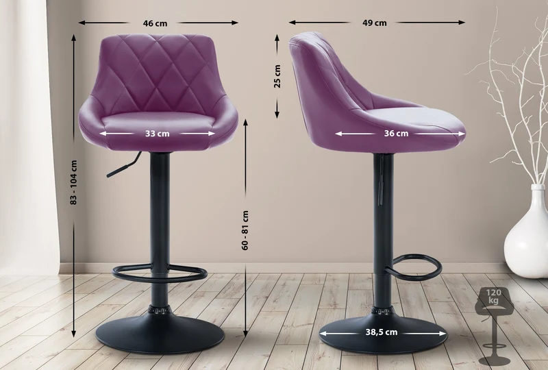 Tabouret de bar x1 pivotant hauteur réglable en similicuir violet surpiqûres décoratives cadre en métal noir 10_0005898