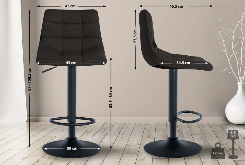 Lot de 2 tabourets de bar en tissu gris base métal noir réglable en hauteur et repose-pieds TDB10617