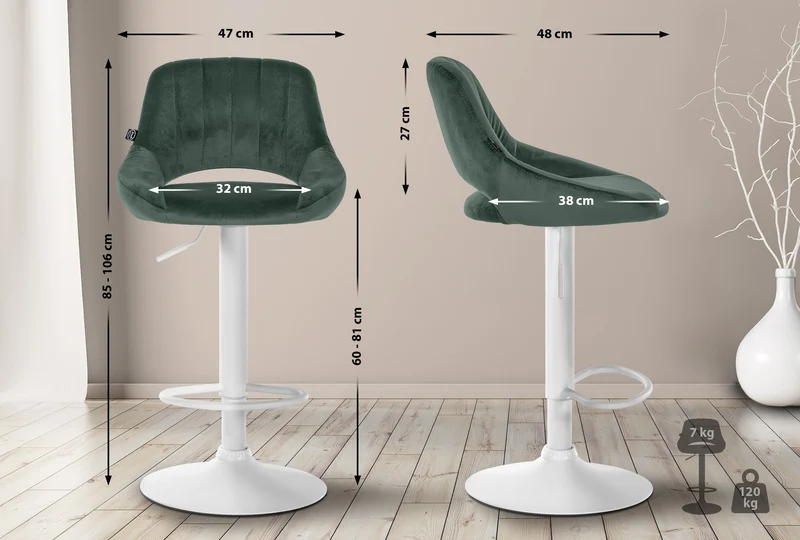 Lot de 2 tabourets de bar réglables en velours vert dossier ajouré et pied métal blanc 10_0005588