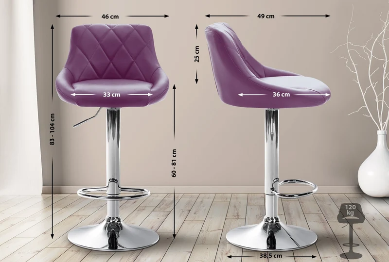 Tabouret de bar x1 pivotant hauteur réglable en similicuir violet surpiqûres décoratives cadre en métal chromé 10_0005897