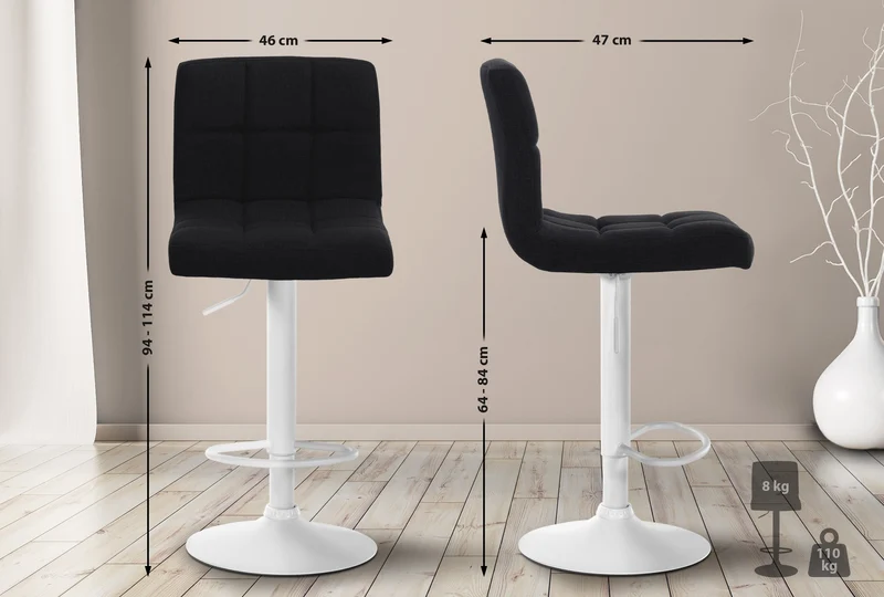Lot de 2 tabourets de bar style contemporain en tissu matelassé noir cadre métal blanc 10_0006469