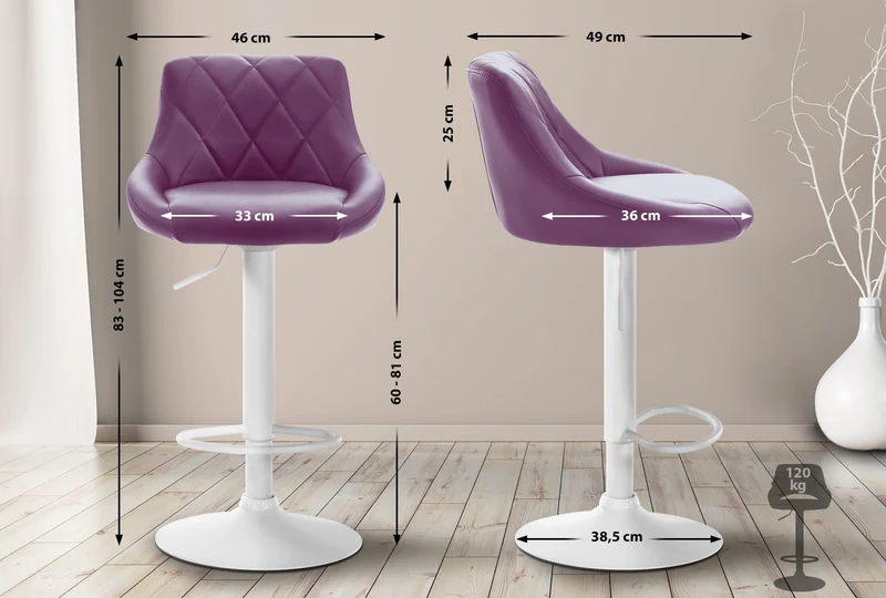 Tabouret de bar x1 pivotant hauteur réglable en similicuir violet surpiqûres décoratives cadre en métal blanc 10_0005899