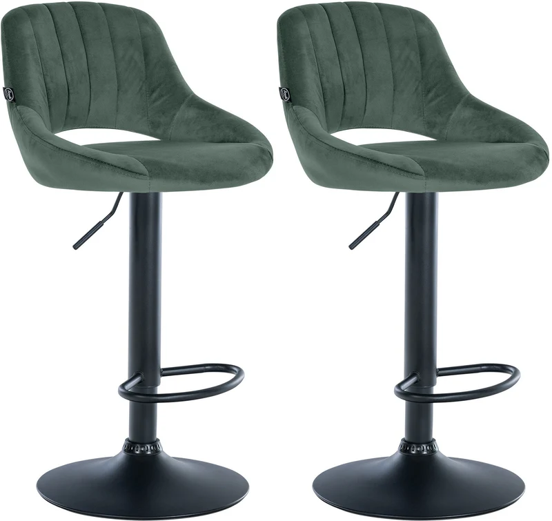 Lot de 2 tabourets de bar réglables en velours vert dossier ajouré et pied métal noir 10_0005585