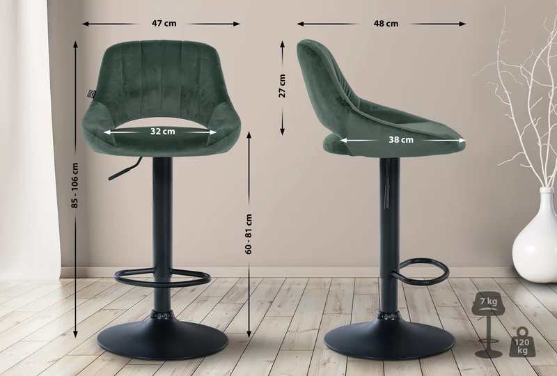 Lot de 2 tabourets de bar réglables en velours vert dossier ajouré et pied métal noir 10_0005585