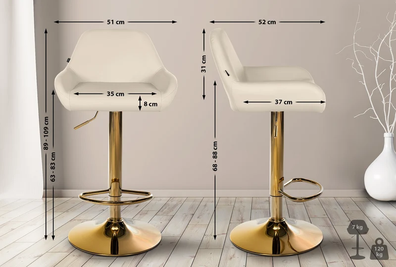 Lot de 2 tabourets de bar repose-pieds en forme d'arc en métal doré assise en PVC crème TDB10801