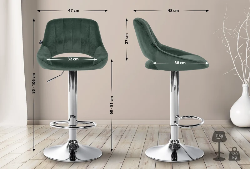 Lot de 2 tabourets de bar avec repose-pieds en forme d'arc assise en tissu vert cadre en métal TDB10759