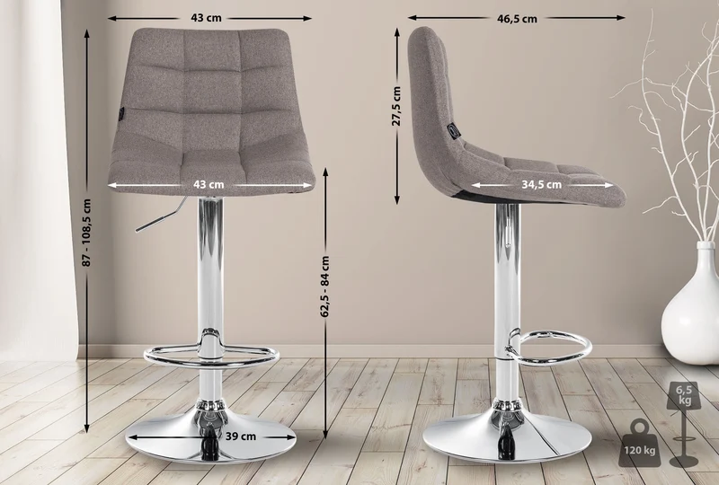 Lot de 2 tabourets de bar en tissu gris base métal chromé réglable en hauteur et repose-pieds TDB10622