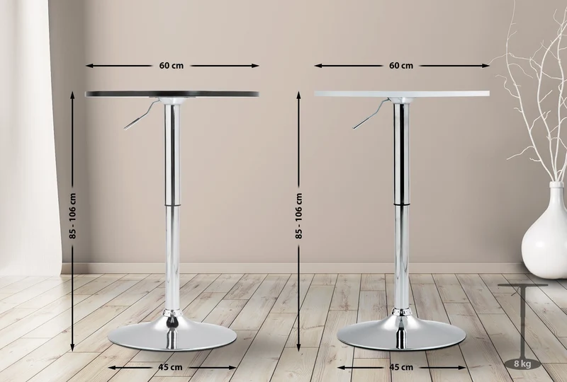 Table de bar réglable en hauteur Ø60 cm – Plateau bois blanc rond pied trompette métal stable et moderne 10_0009152