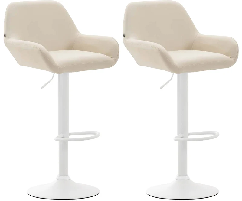 Lot de 2 tabourets de bar avec repose-pieds et accoudoirs en similicuir crème piètement en trompette métal blanc 10_0006056