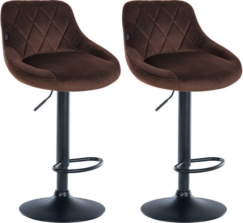 Set de 2 tabourets de bar coutures décoratives losanges assise en velours marron et cadre en métal noir TDB10775