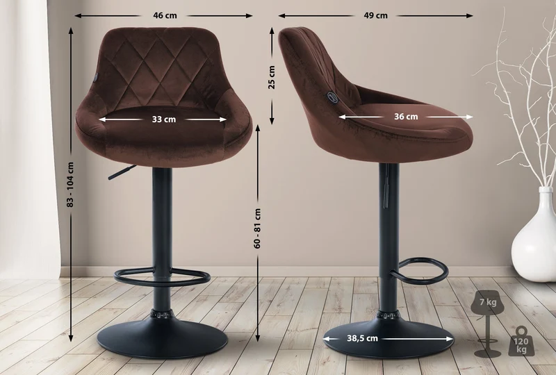 Set de 2 tabourets de bar coutures décoratives losanges assise en velours marron et cadre en métal noir TDB10775