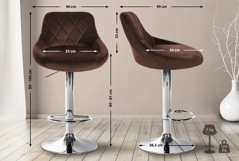 Set de 2 tabourets de bar coutures décoratives losanges assise en velours marron et cadre en métal chromé TDB10768