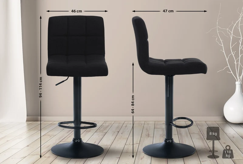 Tabouret de bar x1 style contemporain en tissu matelassé noir cadre métal noir 10_0006082