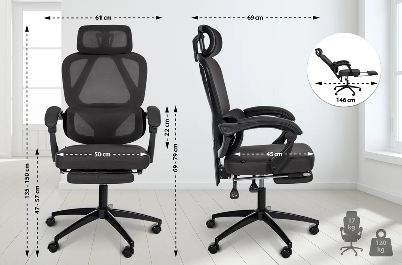 Fauteuil de bureau ergonomique avec appui-tête réglable soutien lombaire et repose-pieds extensible en maille noir BUR10706