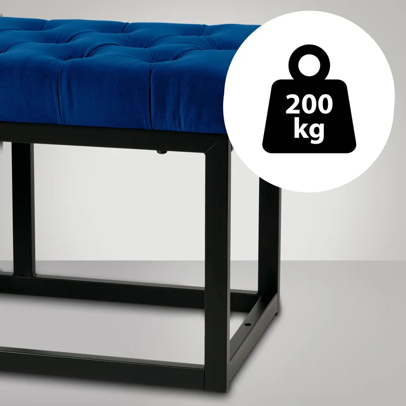 Banquette banc bout de lit longueur 150 cm en velours capitonné en velours bleu et métal noir 10_0003668