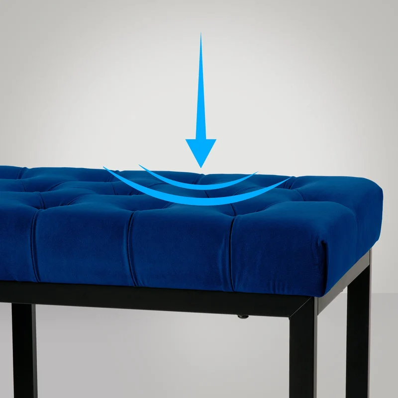 Banquette banc bout de lit longueur 150 cm en velours capitonné en velours bleu et métal noir 10_0003668