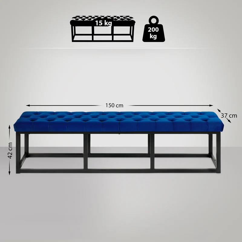 Banquette banc bout de lit longueur 150 cm en velours capitonné en velours bleu et métal noir 10_0003668