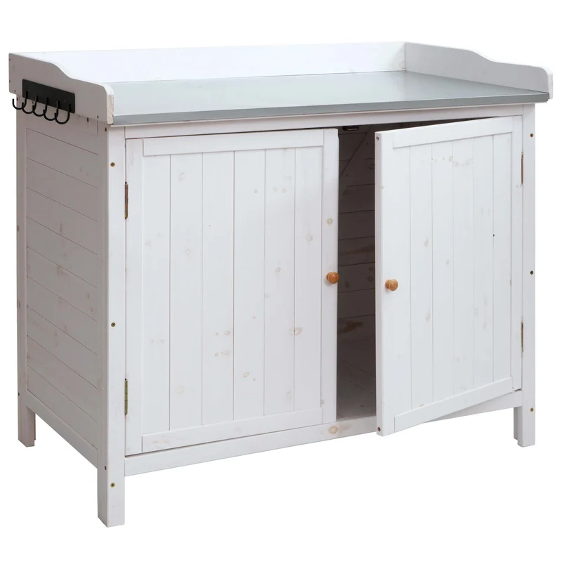 Table à plantes armoire de jardin avec plan de travail et espace de rangement en bois de sapin 86x104x52 cm blanc 04_0005752