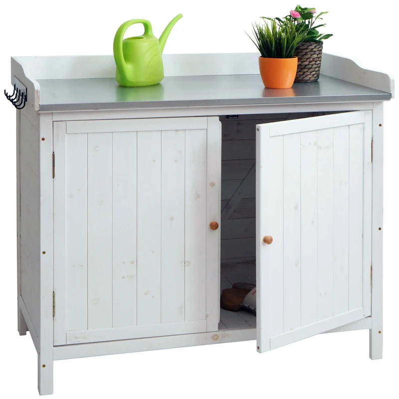 Table à plantes armoire de jardin avec plan de travail et espace de rangement en bois de sapin 86x104x52 cm blanc 04_0005752