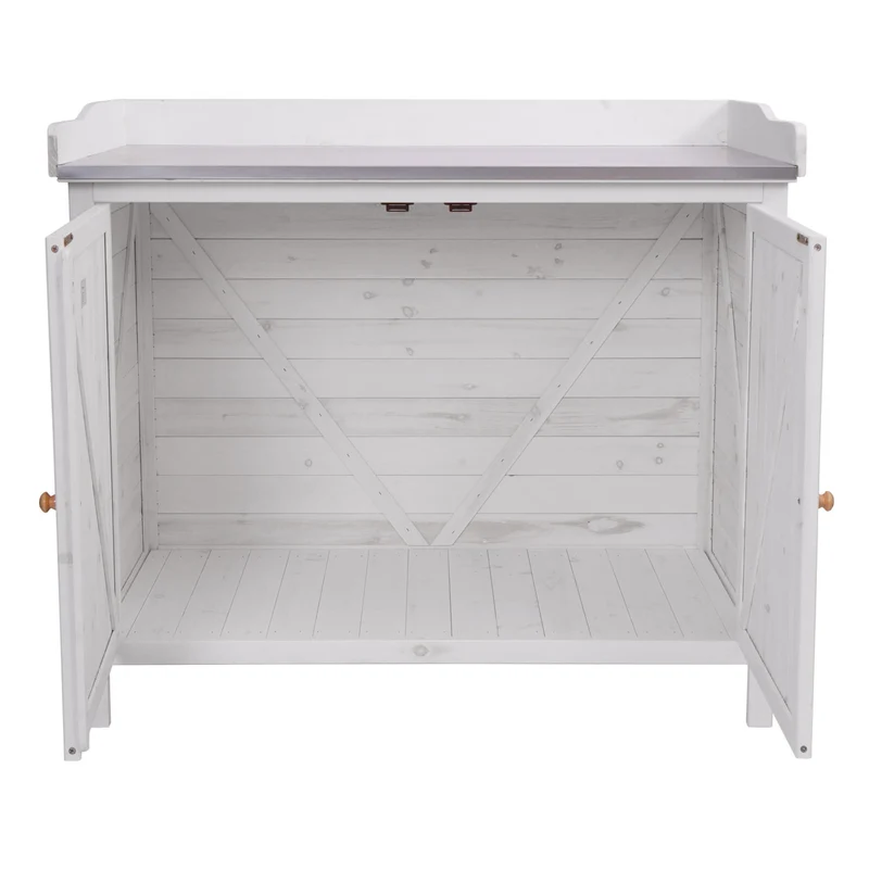 Table à plantes armoire de jardin avec plan de travail et espace de rangement en bois de sapin 86x104x52 cm blanc 04_0005752