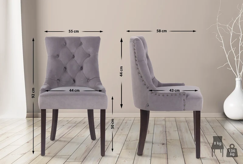 Chaise de salle à manger x1 design antique capitonné en velours gris avec 4 pieds en bois marron 10_0001931