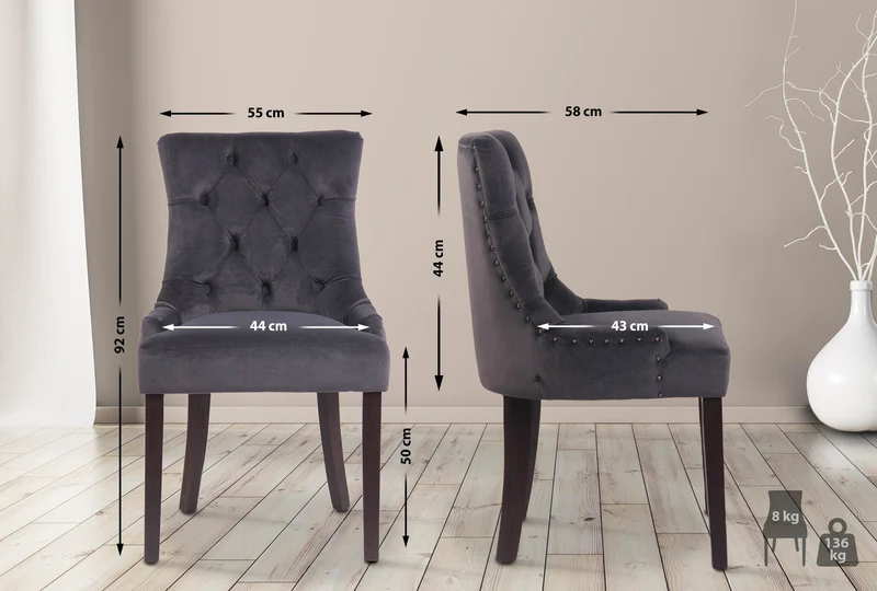 Chaise de salle à manger x1 design antique capitonné en velours gris foncé avec 4 pieds en bois marron 10_0001932